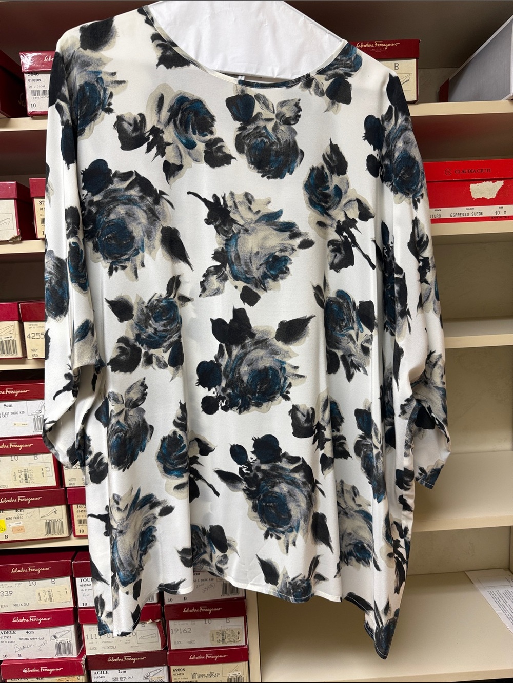 Eskandar black and blue rose patterned 100% silk Shirt